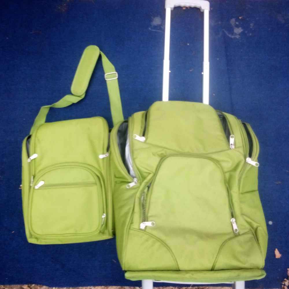 COPY - Lime green rolling backpack with an accompanying smaller bag.